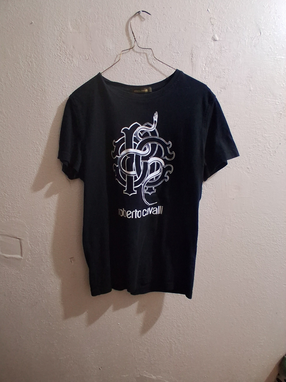 Roberto Cavalli Black Tee with White Logo Snake Motif